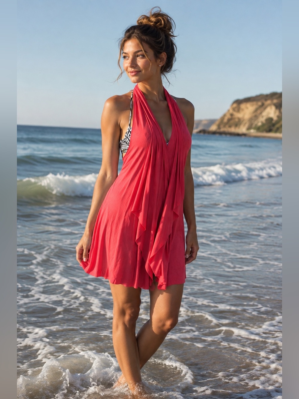 PTP 17” to 20 inches length 44 inches coral colour halter dress